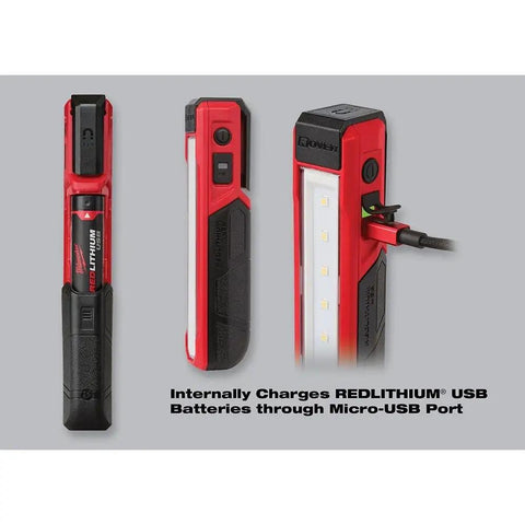 Rechargeable Magnetic Flood Light With Dual Clip USB Fast Charge 445 Lumens TRUEVIEW Output All Day Runtime Portable Red And Black Worksite Light For Hands Free Mounting displaying charging port and USB cable