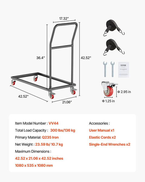 Beast Of A Folding Chair Dolly That Hauls 25 Chairs, 300 Lbs Capacity, L Shape Vertical Rack, Heavy Duty Metal Cart With Rubber Wheels