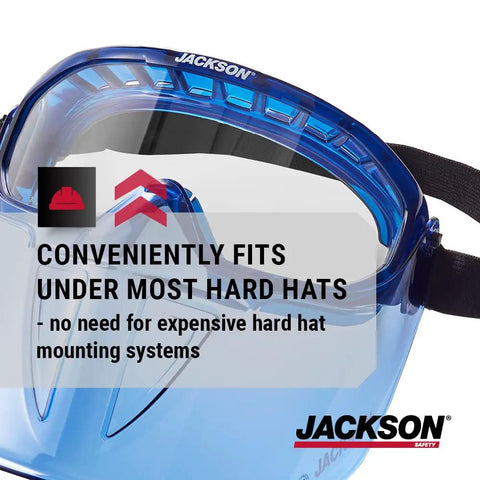 Blue Jackson safety goggles with clear lenses and black strap, fits under hard hats, shown from side view.