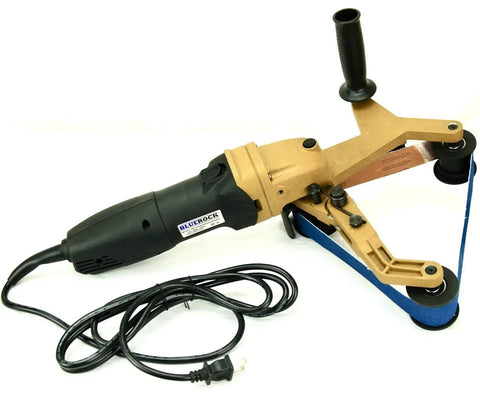 Badass Bbs-40a Pipe Polisher And Grinder Including 100 Sanding Belts Kit Variable Speed Belt Sander with blue belt, 7-inch pipe compatible.