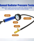 18 Pack Universal Radiator Pressure Leak Tester Kit For Automotive Coolant Systems On Cars Trucks And Motorcycles With Easy Air Bleed And Fast Leak Detection And Multi Function Testing In One Red Set featuring a manual pressure tester with aluminum pump, 21-inch hose, 3-inch dial.