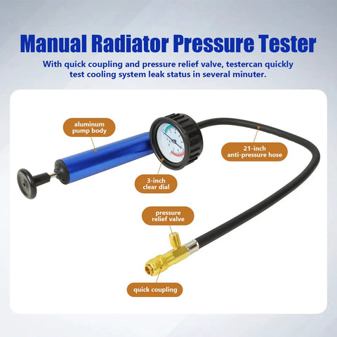 18 Pack Universal Radiator Pressure Leak Tester Kit For Automotive Coolant Systems On Cars Trucks And Motorcycles With Easy Air Bleed And Fast Leak Detection And Multi Function Testing In One Red Set featuring a manual pressure tester with aluminum pump, 21-inch hose, 3-inch dial.