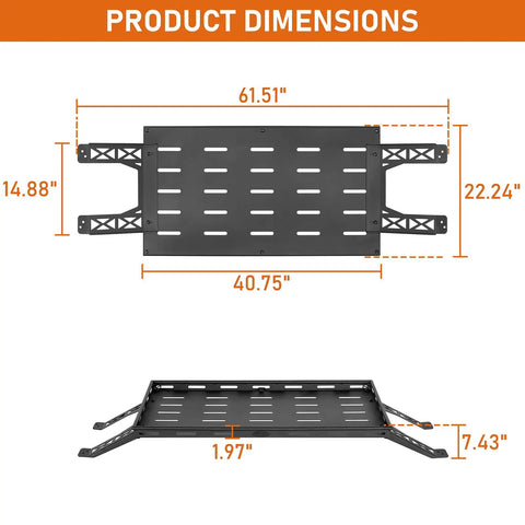 Rear Trunk Cargo Rack Basket Tray For Jeep Wrangler JK 2007 To 2026 Four Door Hardtops shown with dimensions and steel construction
