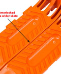 Two Ton Snatch Block With Chain For Tow Trucks And Wreckers 3 Inch Sheave Three Eighths Inch Wire Rope Grease Fittings Four Pack Interlocking Tire Skates For Rollback Wrecker Car Carrier Safety Orange showing interlocked skates.