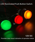 Three Pack 16mm Momentary Push Button Switches With Red LED Indicator, 12V, 5 Pin, 1NO 1NC, Round Panel Mount Button For Industrial Control And Signal Applications, Durable Plastic Housing, Easy Wiring, Pro Grade. LED illuminated push button switches in green, red, and orange, 12V DC