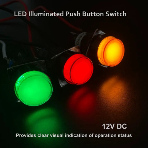 Three Pack 16mm Momentary Push Button Switches With Red LED Indicator, 12V, 5 Pin, 1NO 1NC, Round Panel Mount Button For Industrial Control And Signal Applications, Durable Plastic Housing, Easy Wiring, Pro Grade. LED illuminated push button switches in green, red, and orange, 12V DC