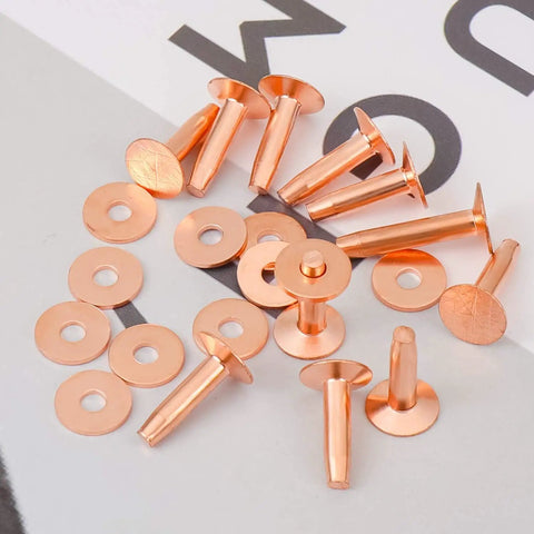Copper Rivets And Burrs Kit, 20 Pieces In 14mm And 19mm displayed on a white surface for DIY leather crafting projects