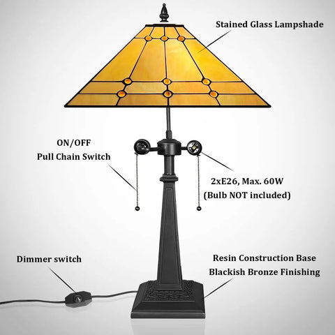 Cream Tiffany Style Stained Glass Table Lamp 24 Inch Tall With 16 Inch Square Shade Handmade Mission Glass Desk Light Dimmable With Pull Chain And Cord Dimmer