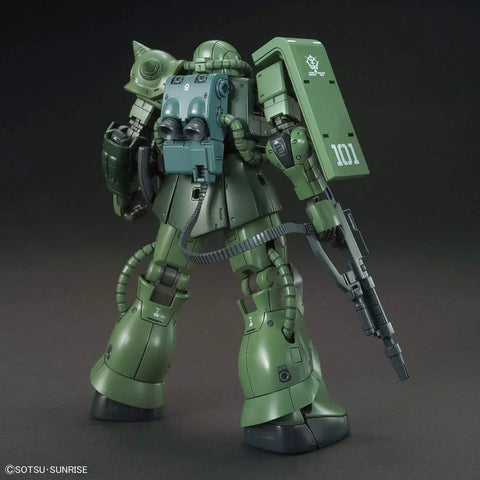 Back view of Gundam The Origin Zaku II Type C6 R6 HG 1 144 Model Kit With Belt Fed Machine Gun Vulcan Cannon and shield.