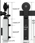 Side view of 7 Foot Bi Fold Barn Door Hardware Kit For Four Doors Track System showing dimensions and side-mounted hanger mechanism.