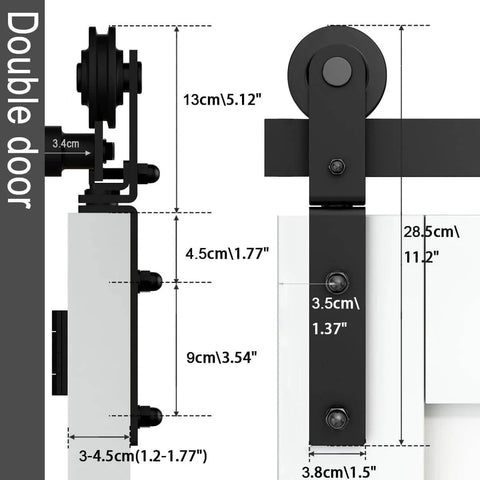 Side view of 7 Foot Bi Fold Barn Door Hardware Kit For Four Doors Track System showing dimensions and side-mounted hanger mechanism.