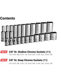 3/8 Inch Drive 12 Point Socket Set Shallow And Deep SAE 1/4 To 7/8 Inch 22-Piece With Billet Aluminum Rail Heavy Duty Chrome