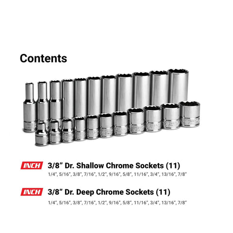 3/8 Inch Drive 12 Point Socket Set Shallow And Deep SAE 1/4 To 7/8 Inch 22-Piece With Billet Aluminum Rail Heavy Duty Chrome