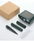 Outdoor Solar Powered Ultrasonic Animal Repeller With Motion Sensor And LED Flashing Light components on a white background.