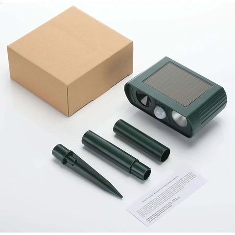 Outdoor Solar Powered Ultrasonic Animal Repeller With Motion Sensor And LED Flashing Light components on a white background.
