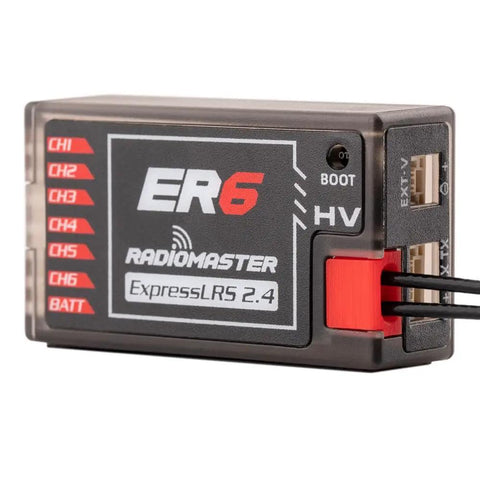 ExpressLRS 2.4GHz 6 Channel PWM Receiver for FPV Drones close-up showing channel ports and connections