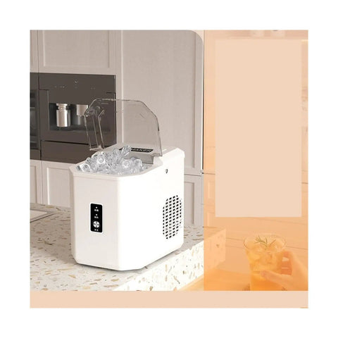Portable Ice Maker Cranking Out Twenty Six Pounds Daily Produces Nine Bullet Cubes In Six Flat Minutes, white countertop model with ice.