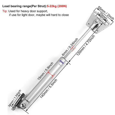 Dual 200N 45Lb Gas Struts For Heavy Lids, 10 Inch Soft Close Gas Spring Hinges with chrome plated silver finish, shown with measurements