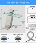 LED Waterfall Bathroom Faucet With Lit Color Changing Lights, Water Powered No Battery Needed, dimensions and deck plate shown