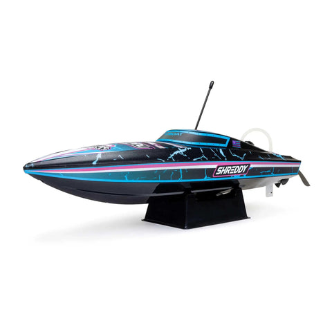 Recoil 2 18 Inch Brushless Shreddy RTR with Water-Cooled Motor and ESC Self-Righting Deep-V Hull on stand