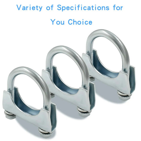 Heavy Duty 1-1/2 Inch U Bolt Exhaust Clamp Set With Saddle Style U-Bolts, Galvanized Iron Muffler Clamp, Built To Last, Corrosion And Heat Resistant, Durable Exhaust Hardware Pack Of 2 with three clamps displayed