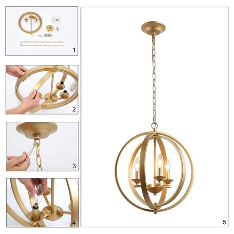 Gold Orb Pendant Light 3 Light Modern Fixture with Open Globe Metal Frame and Soft Gold Finish, 15.5 x 18 inches, assembly