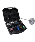 Hassle Free 16 Piece Universal Radiator Pressure Tester Kit With 13 Heavy Duty Adapters in a portable case, includes gauge and seals.