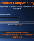 Rock Solid Beefy 27 Inch 45 Lb Gas Strut Lift Support for Truck Bed Tonneau Cover showcasing compatibility details.