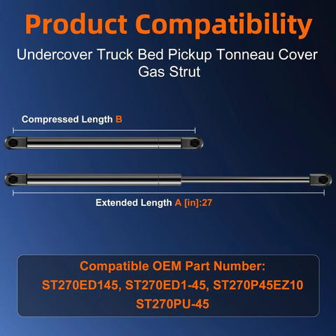 Rock Solid Beefy 27 Inch 45 Lb Gas Strut Lift Support for Truck Bed Tonneau Cover showcasing compatibility details.