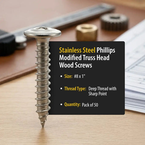 Number 8 By 1 Inch Stainless Steel Beefy Wood Screws With Phillips Drive And Modified Truss Head 304 Stainless Rust Resistant