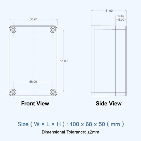 Dimensional diagram of Rugged Outdoor Electrical Junction Box IP65 Waterproof Dustproof ABS Plastic Enclosure With Clear Cover 100x68x50mm