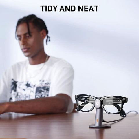 Aluminum Charging Stand For Ray-Ban Meta Smart Glasses Portable Dock with SuperFast Charge on desk, blurry person in background