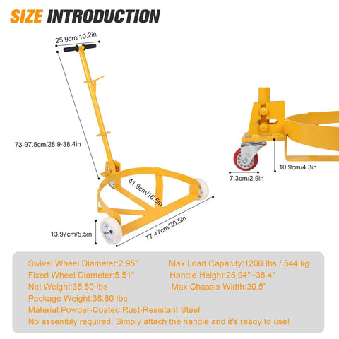 55 Gallon Drum Dolly With Swivel Wheels For Heavy Duty Drum Transport Haul Up To 1200 Lbs Like A Boss Durable Steel Construction Adjustable Ergonomic Handle From 28.94 To 38.4 Inches 360 Degree Steering For Smooth Moves, size chart