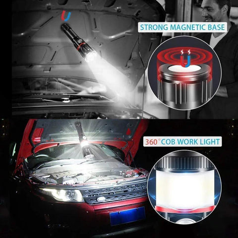 Magnetic LED Flashlight 360 COB Beast 5000 Lumen Waterproof Zoomable 4 Modes illuminating car engine