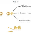 14K Yellow Gold Ball Stud Earrings With Secure ScrewBacks 3mm for Everyday Wear; hypoallergenic solid gold, minimalist design.