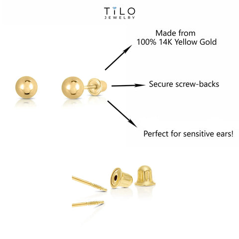 14K Yellow Gold Ball Stud Earrings With Secure ScrewBacks 3mm for Everyday Wear; hypoallergenic solid gold, minimalist design.