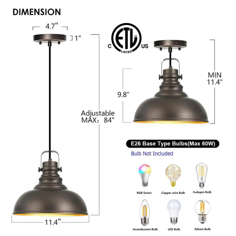 Dimensions of Farmhouse Pendant Lights Set For Kitchen Island Adjustable Rustic Industrial Hanging Lamps with bulb types