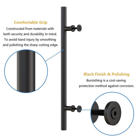 Heavy Duty 22 Inch Extra Long Pull Barn Door Handle Set In Frosted Black Finish Ergonomic Modern Round Design, side view