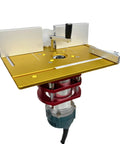 Heavy Duty Aluminum Router Table Insert Plate With Dead On Angle Markers For Seamless Edge Trimming Deburring And A Seriously Knockout Woodworking Setup Upgrade Kit with a gold anodized finish.