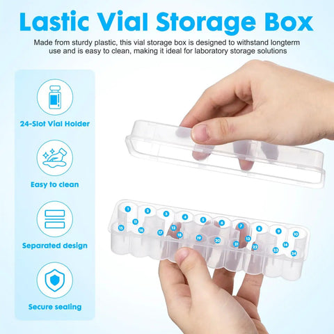 Easy Grab And Go Vial Storage Box For 3ml Peptide And Essential Oil Test Tubes 24 Count Transparent Container with lid open