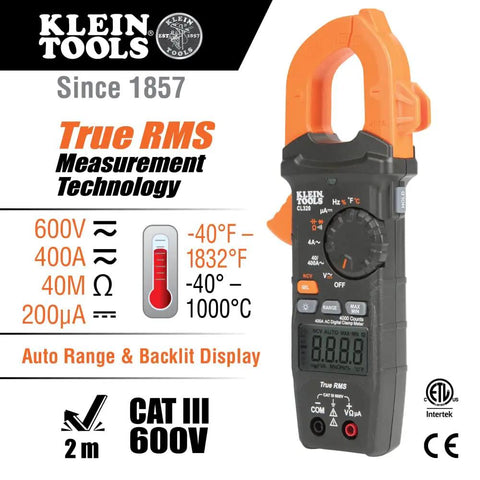 HVAC Pro Kit With Digital Clamp Meter Dual IR And Probe Thermometer And Dual Range Non Contact Voltage Tester With Flashlight For Fast Diagnostics And On The Job Electrical Testing displayed with electrical specifications and features.