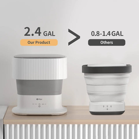 Comparison of Blue Light Portable Mini Washing Machine With 9L Folding Design and smaller competitor on a wooden surface