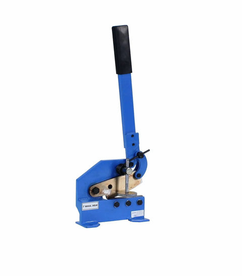 5 Inch Benchtop Manual Plate Shear Workhorse For Sheet Metal Rebar Carbon Steel And Round Stock Cuts Up To 7/16 Inch Rounds And 4-1/2 Inch Single Cut Built Tough Heavy Duty Hand Plate Cutter, showing blue heavy-duty metal shear with long black handle