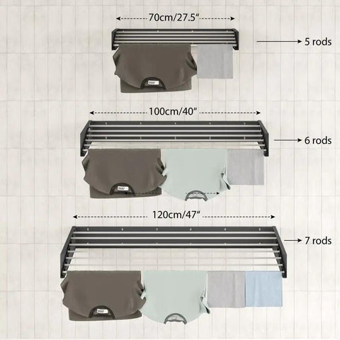 Wall Mounted Retractable Laundry Drying Rack With Wood Look Finish 40 Inch Wide Space Saving Clothes Dryer with rods and dimensions.
