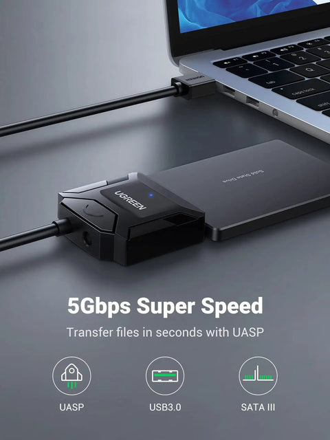 SATA To USB 3.0 External Drive Adapter Cable for 3.5 and 2.5 Inch SSD HDD connected to laptop, showcasing UASP and 5Gbps transfer speed.