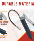 Two Pack Lever Action Grease Gun Set Heavy Duty 10000 PSI With 18 Inch Whip Hose showing aluminum die cast head and metal tube