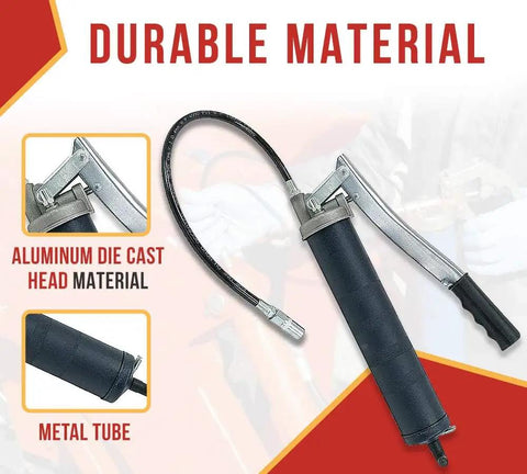 Two Pack Lever Action Grease Gun Set Heavy Duty 10000 PSI With 18 Inch Whip Hose showing aluminum die cast head and metal tube