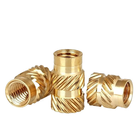 Straight Up Heavy Duty Brass Knurled Nuts 30 Piece Pack M2.5 Thread 3.5mm By 7.5mm showcasing shiny brass texture and detailed knurling.