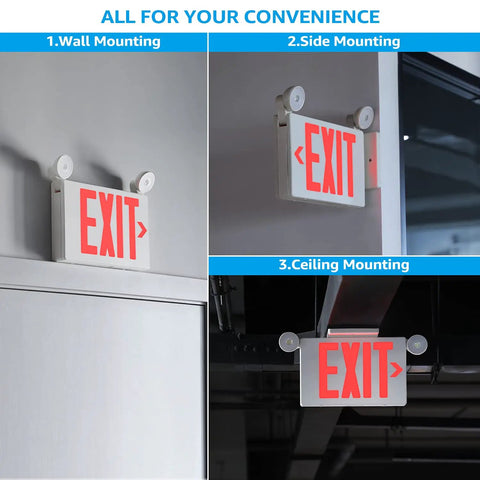 LED Exit Sign With Battery Backup And Emergency Lights, Dual Face, Red Letter, Wall, Side, Ceiling Mount, White Finish
