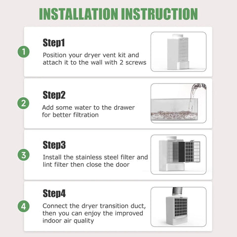 Installation instructions for 3 In 1 Indoor Dryer Vent Kit With Stainless Steel Pre Filter Screen And High Temp Polyester Filter